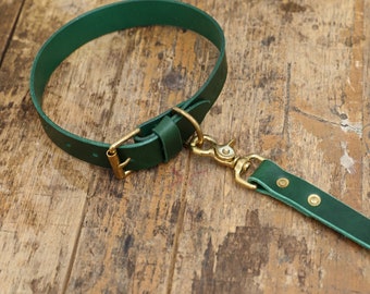 Green Leather Dog Collar & Lead, Personalised Dog Gift Set