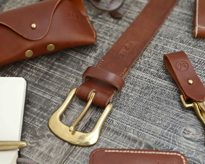 Brown Handmade Oak Bark Men/'s Leather Belt Hand-Stitched