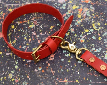 Red Leather Dog Collar & Lead, Personalised Dog Gift Set