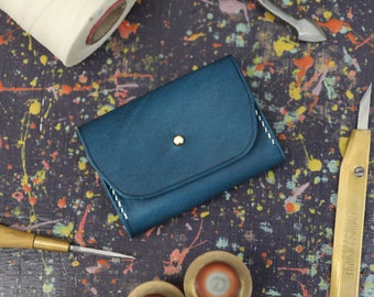Personalised Compact Leather Business Card Case or Credit Card Wallet Handmade from Premium Blue Italian Leather