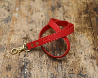 Red Personalised Leather Lanyard, ID Holder with Brass Clip