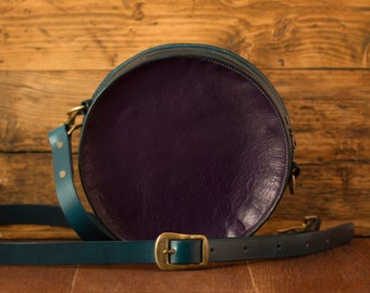 Round Green & Purple Leather Woman's One Of A Kind Crossbody Bag, Handmade Circle Leather Shoulder Bag, Gift for Her, Anniversary Gift