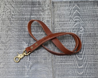 Brown Personalised Leather Lanyard, ID Holder with Brass Clip