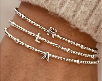 Dainty Sterling Silver Initial Bracelet: Beaded Stretch Letter Bracelet