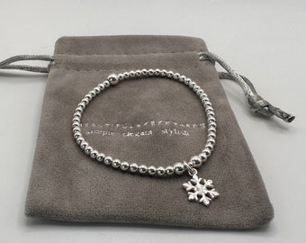 Christmas Snowflake Bracelet | Sterling Silver Stretchy Bracelet | Silver Bracelet Stack Set | Beaded Bracelets | Women’s Bracelet |