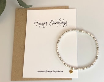 Silver Beaded Stacking Bracelet, Custom Charm Birthday Gift, Letterbox Friendly