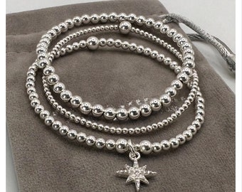 North Star Bracelet | Sterling Silver Stretchy Bracelet | Silver Bracelet Stack Set | Beaded Bracelets | Women’s Bracelet | Gift for Her