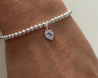 Sterling Silver Birthstone Bracelet – Heart Charm, Keepsake Gift