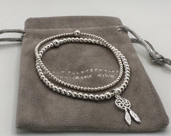 Silver Dreamcatcher Bracelet Set – Boho Charm Jewellery, Layered Bracelets for Women, Sterling Silver Bracelet Stack, Custom Size