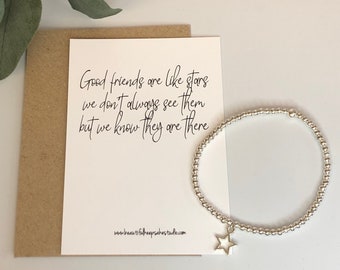 Good Friends Are Like Stars Sentiment Postcard with Dainty Silver Star Bracelet – Meaningful Long Distance Friendship Gift