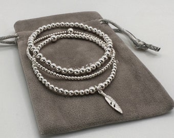 Feather Bracelet | Sterling Silver Stretchy Bracelet | Silver Bracelet Stack Set | Beaded Bracelets | Women’s Bracelet | Gift for Her
