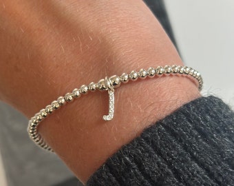 Personalised Initial Bracelet | Silver Bead Stretch Bracelet | Letter Bracelet | Birthday Gift | Bridesmaid Gift | Initial Bracelet |