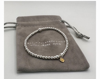 Sterling Silver Beaded Bracelet | Tiny Gold Heart Charm, Elastic Base