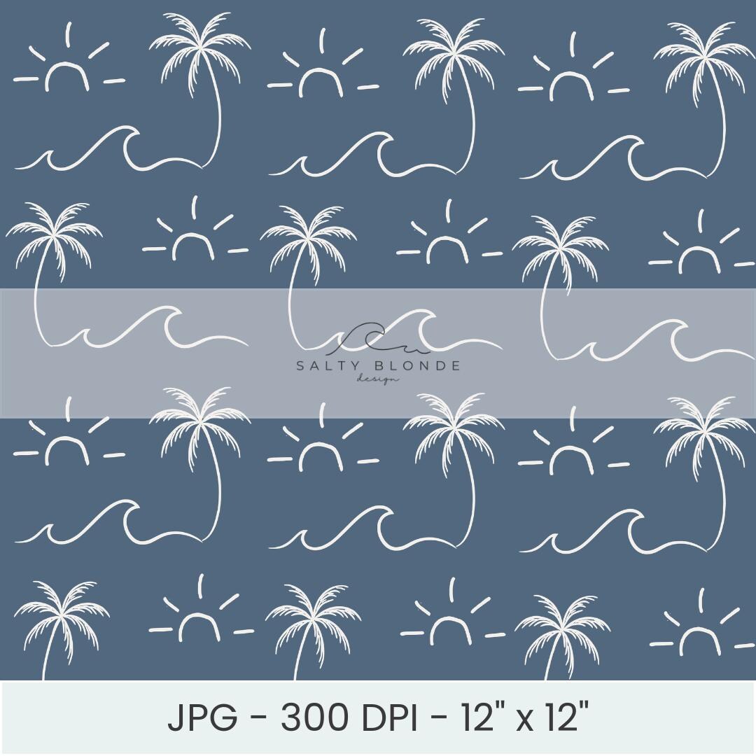 Simple Coastal Pattern Blue Coastal Minimal Seamless Pattern, Palm Tree Ocean Wave Sun Repeat ...