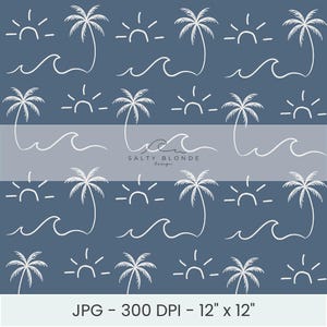 Blauwe kust minimaal naadloos patroon, palmboom Ocean Wave Sun Repeat, modern strand lijntekeningenpatroon, zomer digitale download