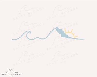 Minimalist Wave Mountain Sunset SVG Cut File, Hand-drawn Line Art PNG, Ocean Digital Download