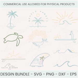 Peut inclure: Ensemble d'illustrations de style linéaire sur le thème de la plage. Les motifs comprennent des palmiers, des vagues, une tortue, une baleine, une planche de surf et un aileron. Le texte "MAHALO HAWAII" est dans un design circulaire. Le texte "DESGIN BUNDLE - SVG - PNG - DXF - EPS" est en bas.