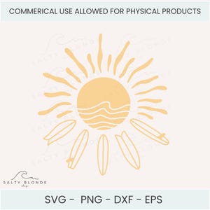 Könnte beinhalten: Eine digitale Grafik mit einer gelben Sonne mit Strahlen und einem wellenförmigen Design in der Mitte. Sechs Surfbretter umgeben die Sonne. Der Text unten lautet "SVG - PNG - DXF - EPS".