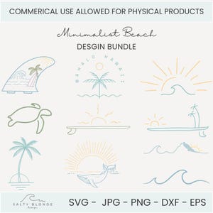 Puede incluir: Un paquete de diseños digitales con ilustraciones de líneas de tablas de surf, palmeras, una tortuga marina, una ballena y olas en tonos pastel. El texto dice "COMMERICAL USE ALLOWED FOR PHYSICAL PRODUCTS", "Minimalist Beach", "DESGIN BUNDLE", "MAHALO HAWAII", "SALTY BLONDE design" y "SVG - JPG - PNG - DXF - EPS".