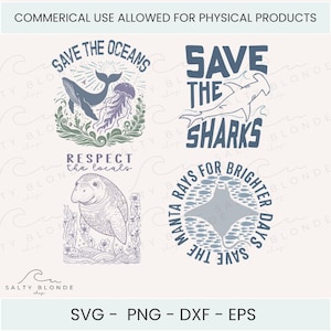 Puede incluir: Cuatro diseños con temática oceánica con texto. Los diseños incluyen una ballena y una medusa, un tiburón martillo, un manatí y una manta raya. El texto incluye "Save the Oceans", "Save the Sharks", "Respect the Locals" y "Save the Manta Rays for Brighter Days".