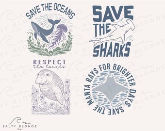 Save the Oceans SVG PNG Bundle, Ocean Conservation Design Pack, Sea Life SVG Digital Downloads