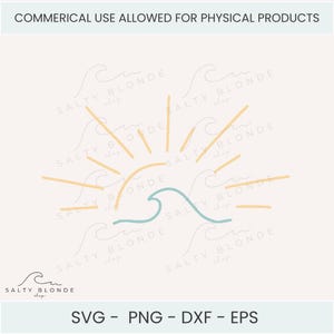 May include: A minimalist illustration featuring a sun with radiating lines, a blue wave, and the text "SALTY BLONDE". The design is in soft yellow and blue tones, with the text "SVG - PNG - DXF - EPS" at the bottom.