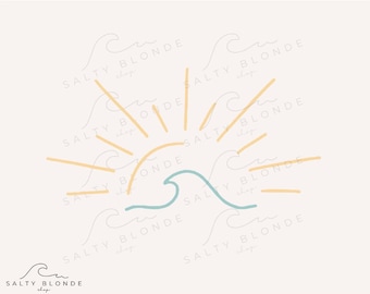 May include: A minimalist illustration featuring a sun with radiating lines, a blue wave, and the text "SALTY BLONDE". The design is in soft yellow and blue tones, with the text "SVG - PNG - DXF - EPS" at the bottom.