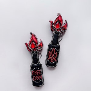 Molotowcocktail brooch. Handmade embroiled brooch. Beaded Molotowcocktail.