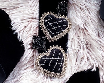 Volumetric Hearts. Handmade beaded earrings. Embroidered velvet earrings