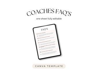 FAQ des coachs, modèle Canva d'une page pour la communication avec les clients, créateur de cours, assistant virtuel, simple à modifier, foire aux questions