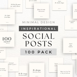 May include: A set of 100 social media post templates featuring inspirational quotes in a minimalist design. The quotes are written in black text on a white background. The text includes phrases such as "Be the energy you want to attract", "Always choose kindness", and "Be the girl who decided to go for it".