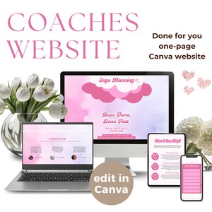 Pode incluir: Um modelo de site Canva rosa e branco para treinadores, com o texto "Sage Manning" e "Been There, Done That." O modelo é projetado para ser usado como um site de uma única página. A imagem também inclui um laptop com uma maquete de um site, um tablet com uma maquete de uma lista de verificação e um smartphone com uma maquete de um formulário.