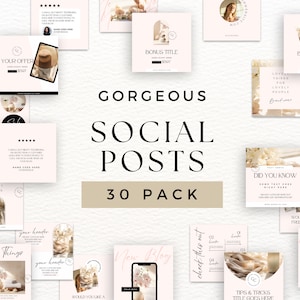 Puede incluir: Un conjunto de plantillas para redes sociales con una paleta de colores suave y neutra. El texto incluye frases como "Gorgeous Social Posts" y "30 Pack". Las plantillas presentan imágenes de flores, sombreros y elementos de estilo de vida.