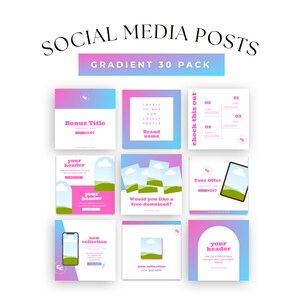 Op de afbeelding: Een verzameling van 30 sjablonen voor social media posts met een gradiëntontwerp in roze en blauw. Elke sjabloon bevat tekstplaatsaanduidingen voor titels, koppen en aanbiedingen. De woorden "SOCIAL MEDIA POSTS" en "GRADIENT 30 PACK" zijn zichtbaar.