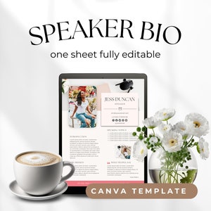 Pink One Page Speaker Bio Vollständig bearbeitbares Canva-Template für Coaches und Kursersteller, professionelle Markenpräsentation, Blogger-Influencer