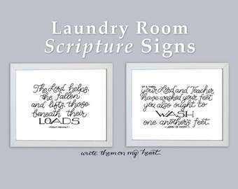 Laundry Bible Verses, Laundry Room Signs, John 13 14 and Psalm 145:14, Christian Laundry Room Wall Art, Laundry Room Scripture, Set of 2