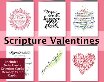 Scripture Valentine Cards, 6 Printable Bible Verse Valentines, 5x7 Bible Greeting Cards, and Digital Scripture Note Card Assortment