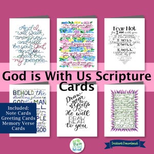 Juego de tarjetas con arte bíblico de Dios está con nosotros, tarjeta de felicitación con versículo bíblico de Dios con nosotros, tarjetas de notas con versículos de Dios entre nosotros, pintura con versículos bíblicos