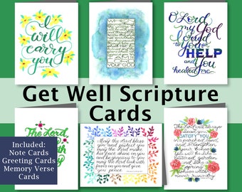 Get Well Scripture Cards, 6 Printable Bible Verse Get Well Cards, 5x7 Bible Greeting Cards, and Digital Scripture Note Card Assortment