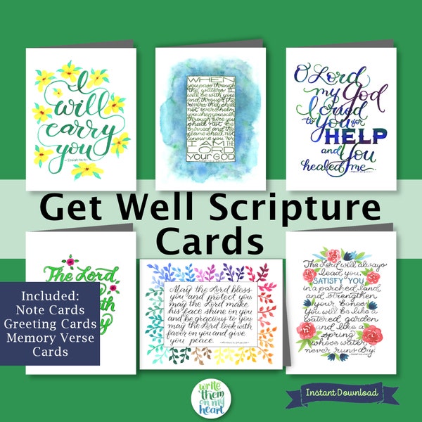 Get Well Scripture Cards, 6 Printable Bible Verse Get Well Cards, 5x7 Bible Greeting Cards, and Digital Scripture Note Card Assortment