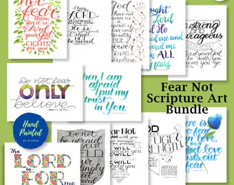 Hand-lettered Bible Verses, Scripture Art PDF, Fear Not Bible Verses, Bible Study Notebook Inserts, Theme: Fear Not, Set of 12
