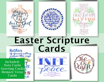 Scripture Easter Cards, 6 Printable Bible Verse Easter Cards, 5x7 Bible Greeting Cards, and Digital Scripture Note Card Assortment