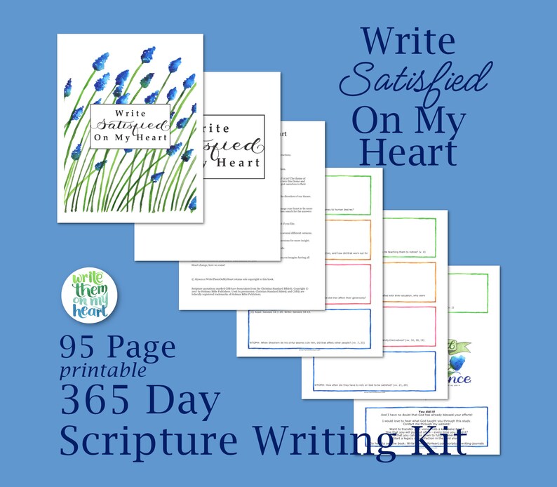 Bible Study Notebook Kit, Scripture Writing Printable Journal, 365 Satisfied Bible Verses, Write Satisfied On My Heart image 1