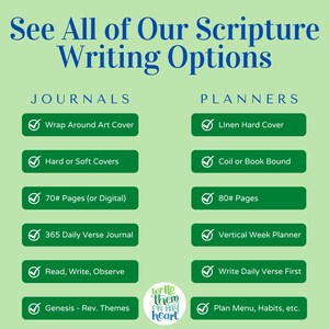 May include: A graphic with text that reads "See All of Our Scripture Writing Options." It lists journal and planner options, including cover types, page counts, and themes. The logo "write them on my heart" is also visible.