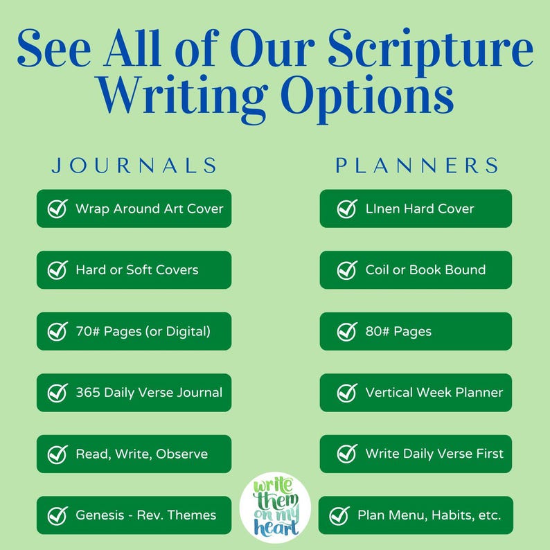 May include: A graphic with text that reads "See All of Our Scripture Writing Options." It lists journal and planner options, including cover types, page counts, and themes. The logo "write them on my heart" is also visible.