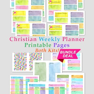 May include: A collection of watercolor Christian weekly planner printable pages. The pages feature colorful blocks for notes, goals, and prayers, with text such as "Prayers," "Gratitude," and "Sermon Notes." The bundle includes a "BUNDLE DEAL" graphic.