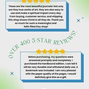 May include: Image featuring customer reviews for journals. The reviews are displayed in blue boxes with gold star ratings. Text includes phrases like "beautiful journals" and "5-star reviews." A small logo with the text "write them on my heart" is also visible.
