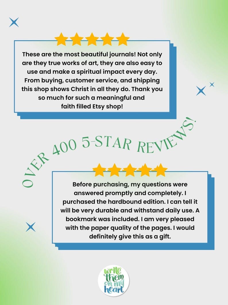 May include: Image featuring customer reviews for journals. The reviews are displayed in blue boxes with gold star ratings. Text includes phrases like "beautiful journals" and "5-star reviews." A small logo with the text "write them on my heart" is also visible.
