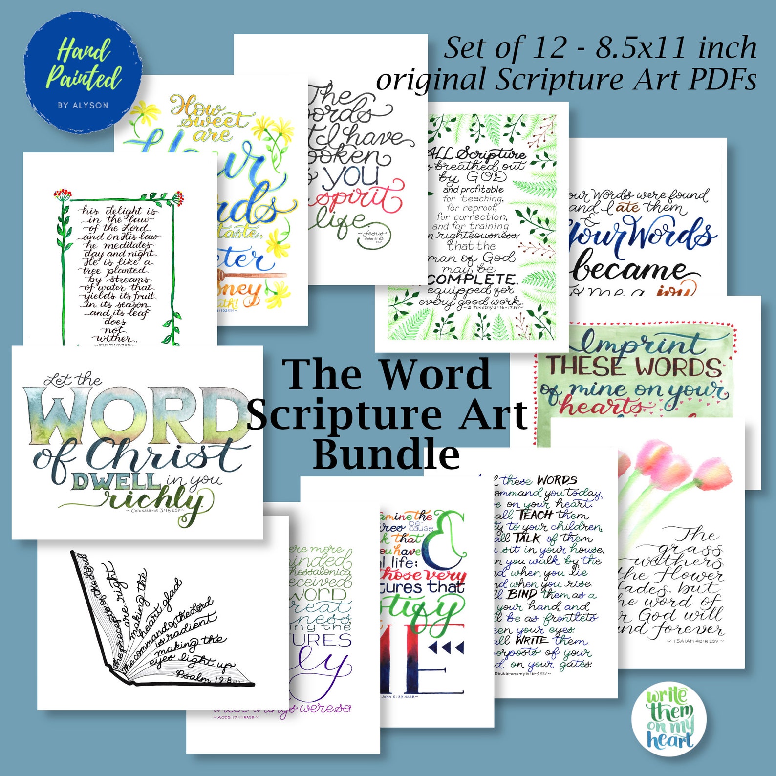 Scripture Art Bundle Printable Hand Lettered Bible Verse Print Set ...