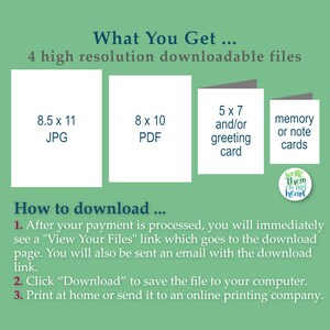 May include: An image with text detailing downloadable files. Includes 8.5 x 11 JPG, 8 x 10 PDF, 5 x 7 greeting card, and memory or note cards. Instructions on how to download are also provided.